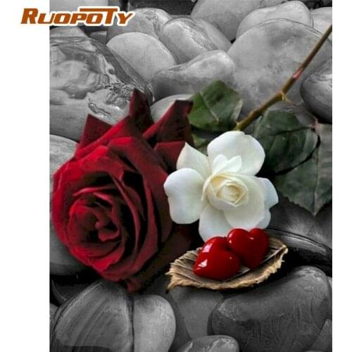 RUOPOTY Framed Oil Paint By Numbers Handmade Red Rose Flower Painting By Number 60x75cm Diy Framed On Canvas Home Decor