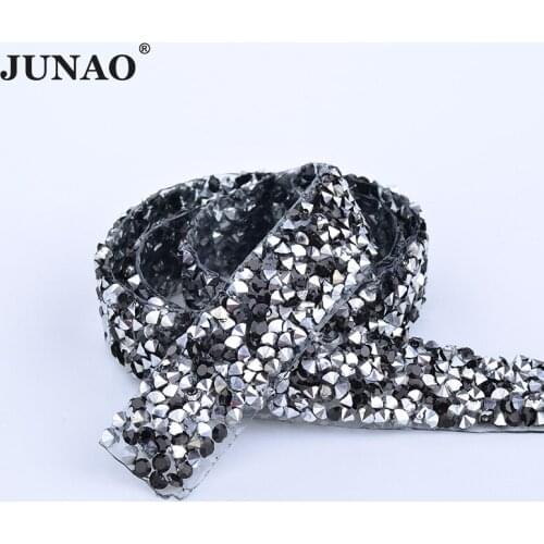 JUNAO 5 Yard*15mm Black and Silver Color Hotfix Rhinestones Chain Mesh Sewing Crystal Appliques Trim Resin Crystal Strass Band