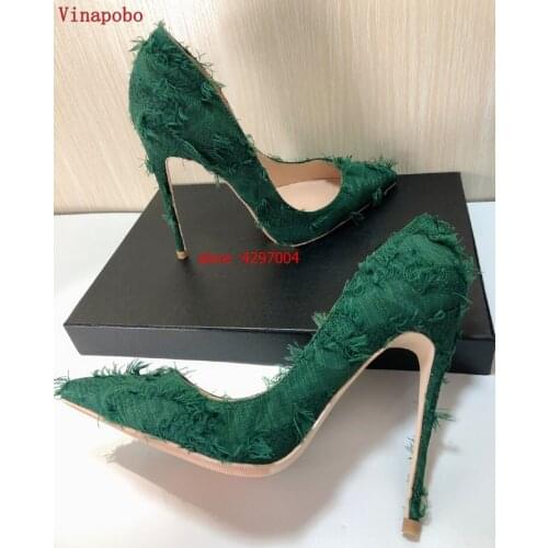 Fashion Fringe Flock Green High Heels Pumps Woman Party Stiletto Shallow Women wedding Shoes High Heel Brand Sandals Size 35-43