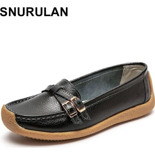 SNURULANLoafers Womens Shoes Casual Leather Flats Woman Shoe Buckle Slip On Stitching Solid Comfort Ladies Shoes Breathable Holl