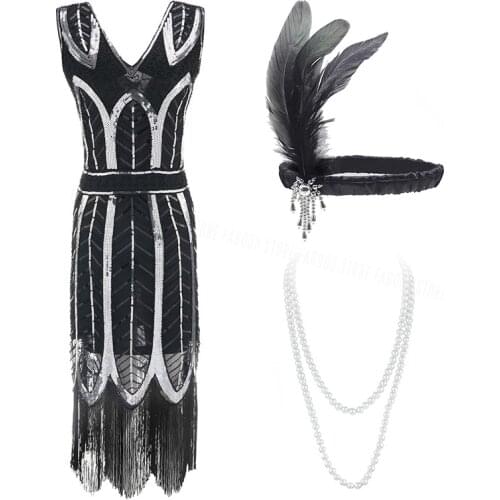 1920s Vintage Gatsby Sequin Fringed Paisley Flapper Dress with 20s Accessories Set Fringed Party Flapper Dress Plus Size