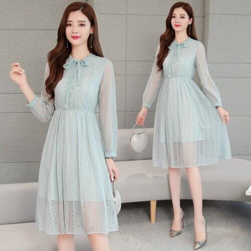 2021 Vintage Blue Lace Sweet Midi Dresses Autumn Winter Plus Size Solid Long Sleeve Dress Elegant Women Bodycon Party Vestidos