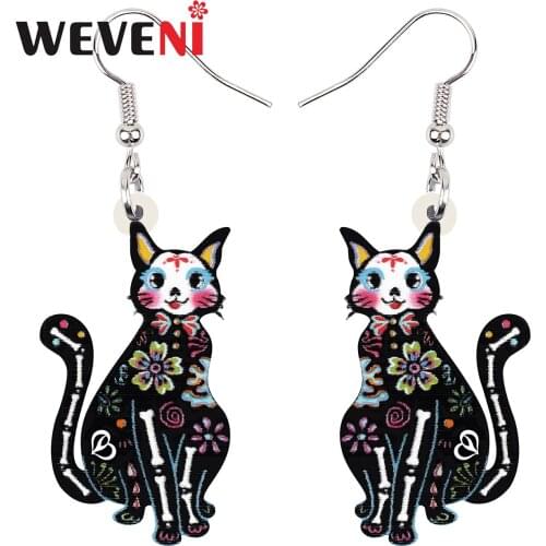 WEVENI Halloween Acrylic Sweet Flowers Skull Cat Earrings Fashion Skeleton Drop Dangle Charms Gifts Jewelry For Women Girl Teens