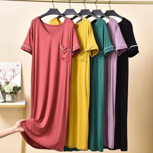 Plus Size Womens Nightgowns Modal Sleepshirts Casual Nightshirt V Neck Loungewear Patchwork Short Sleeve Sleepwear with Pocket