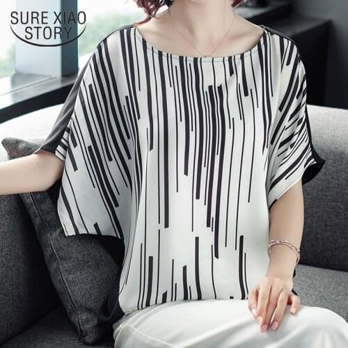 2020 Summer New Korean Loose Short Sleeve Chiffon Blouse Thin Round Neck Striped Irregular Women Blouse and Tops Blusas 9177 50