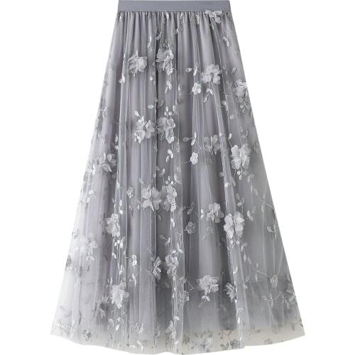 Womens Long Tulle Skirt Casual High Waist 3D Flower Embroidery Solid Color Midi Swing Skirt Mesh embroidered a-line skirt 2020