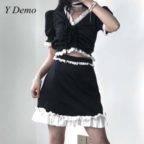 Y Demo Grunge Korean Cute Rufflese V Neck T-shirt Set Women Short Sleeve Crop Tops High Waist Mini Skirt