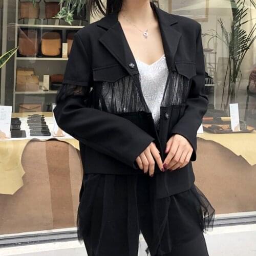 Spring New Brand Mesh Patchwork See Through Chic Womens Blazer Jackets Long Sleeve Asymmetrical Fake Pockets Female Outerwear