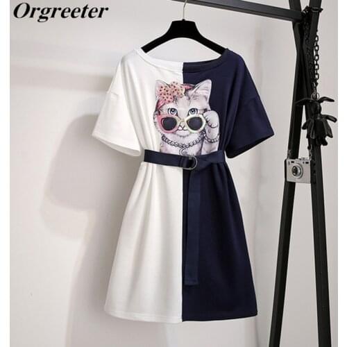 Women Knee-length Dress Summer Sequined Glasses Cat Appliques White Blue Patchwork Loose Casual Cute T shirt Dresses With Belt