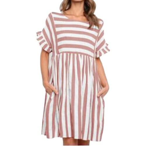Woman Dress Ruffle Sleeve High Waist Cotton Blend Summer Striped Patchwork Beach Dress O Neck Loose Dresses Streetwear Sleepwear