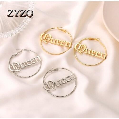 ZYZQ European and American New Style Large Hoop Women Earrings Domineering Letter Queen Earrings Fashion Jewelry Wholesale