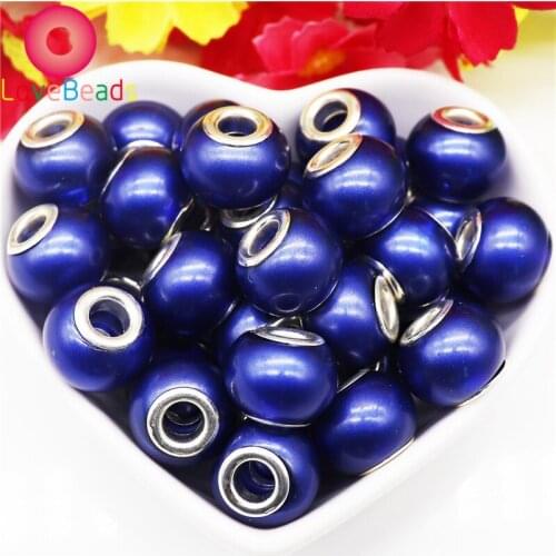 10Pcs Wholesale Lot Bulk Mixed Color 16x10MM Round Pearl Murano Beads Big Hole Silver Plated Fit European Women Chain Bracelet