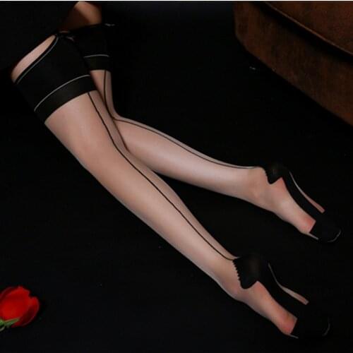 10D Patchwork Thigh High Stockings With Back Line Retro Cuban Heel Back Seam Stockings Reinforced Heel & Toe Elastic Pantyhose