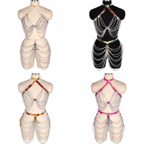 Harajuku Bondage Dance Rave Wear Sexy Plus Size Harness Fashion PU Leather Bra Caged Bralette Garter Belt Body Belt Lingerie Set