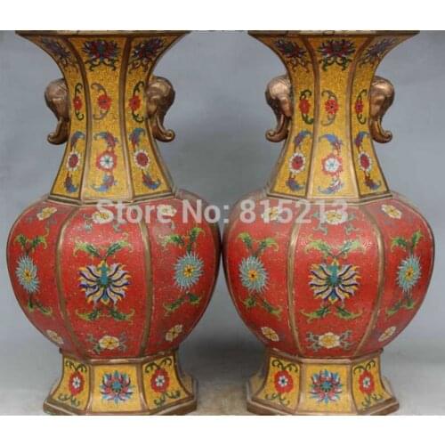 Bi001332 Royal Chinese Palace Cloisonne Enamel Bronze Elephant Head Pot Vase Statue Pair