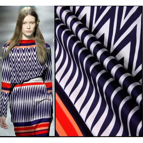 Geometry blue orange advanced small heavy silk elastic satin spring and summer silk print fabric natural silk clothes cloth free