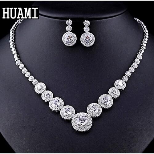 HUAMI Classic Round Pendant Necklace Earrings Sets Fine Jewelry Women Dress Accessories High Quality Silver Color Collier Femme