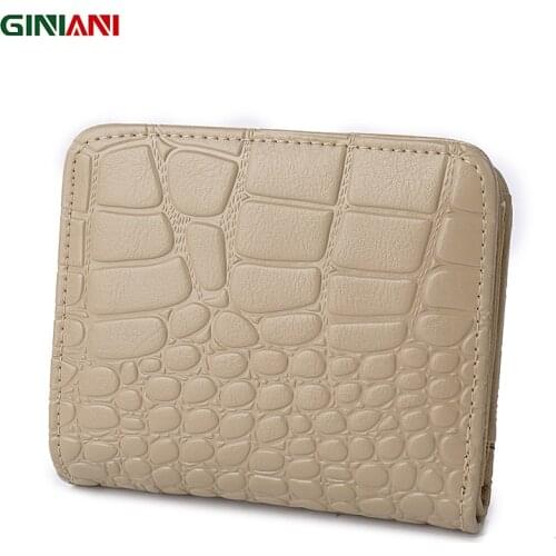 GINIANI Genuine Leather Womens Crocodile Embossed Short Wallet Ladies Square Simple Beige Coin Purse
