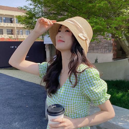 2021 New Summer Straw Sun Hat Simple Soft Fishermans Hat Foldable Sun Hat Bucket Beach hat with big bow