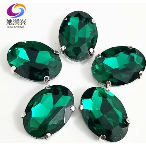 Malachite green oval shape High quality Glass Crystal flatback sew on claw rhinestones with holes,Diy/Clothing accessories SWT14