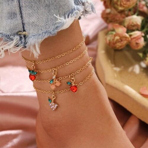 4 Pcs/Set Sweet Women Anklets Set Strawberry Cherry Grape Colorful Crystal Fruit Gold Anklet Creative Beach Party Gift Jewelry