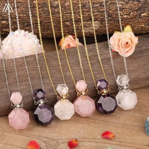 Natural White Amethysts Roses Quartz Perfume Bottle Pendant Necklace Women Quartz Crystal Stone Gold Essential Oil Vial Jewelry