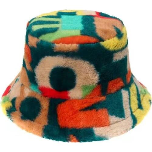 Harajuku Bucket Hat Graffiti Letter Print Faux Fur Thick Warm Winter Hats For Women Lady Bob Panama Outdoor Plush Fisherman Hats