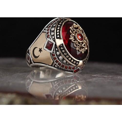 Crescent Red Zircon 925 Sterling Mens Silver Ring