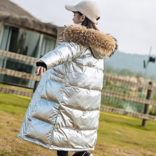 8 10 years Girls X-Long Winter Down Jackets Real Fur Collar Glossy Silver Color Children Coat Teen Girls Outerwear