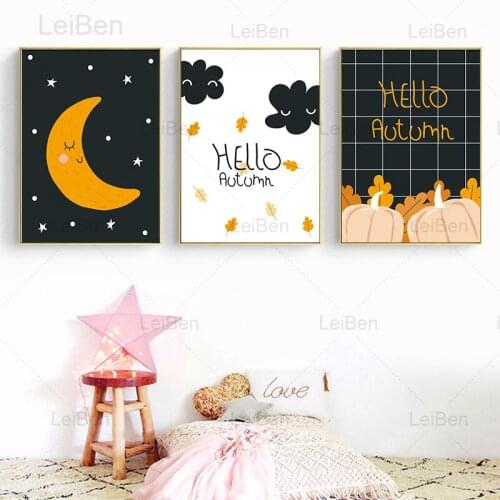 Nordic Cartoon Autumn Pumpkin Black Bird Moon Stars Canvas Painting Wall Art Poster Home Decoration Childrens Room Nursery Mural