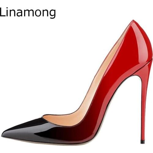 Sexy Women Red/Black Gradient Leather Pointed Toe Shiny Leather Pumps Stilettos Party Celebrity High Heels Cheap Wedding Shoes