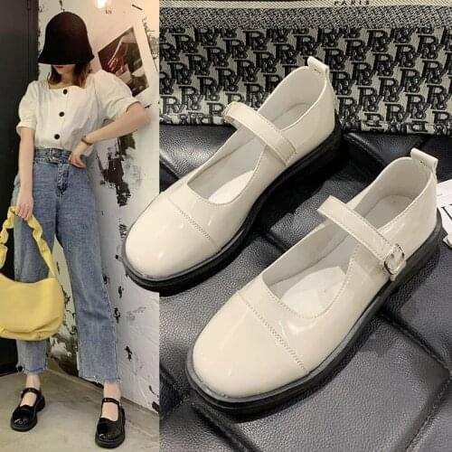 Fashion Small Single Shoes Female Round Toe One-word Buckle Low-heel Casual Mary Jane Shoes Shallow Mouth Small Leather Shoes