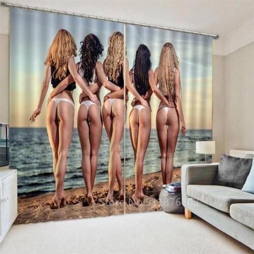 3D Beach Sexy Girls Windows Curtains for Living Room Bedroom Blackout Kitchen Curtains Drapes Window Treatments Rustic Style