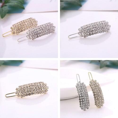 Crystal Hair Clip Women Elegant Korean Design Snap Barrette Stick Gold/Silver Metal Alloy Hairpin Hair Accessories