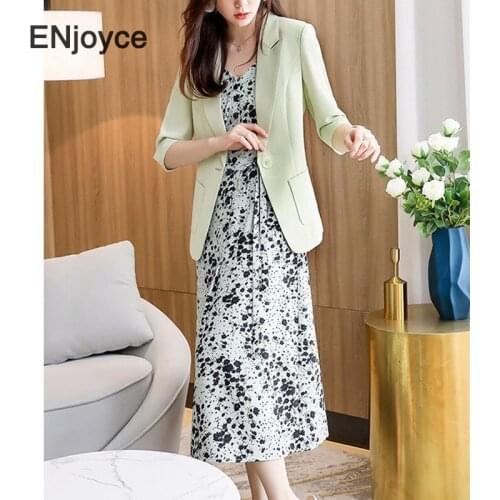 Spring Summer Women Sets Vintage New Blazer and Floral Printed Maxi Dress Two Pieces Set Elegant Office Ladies Casual Suit 2021
