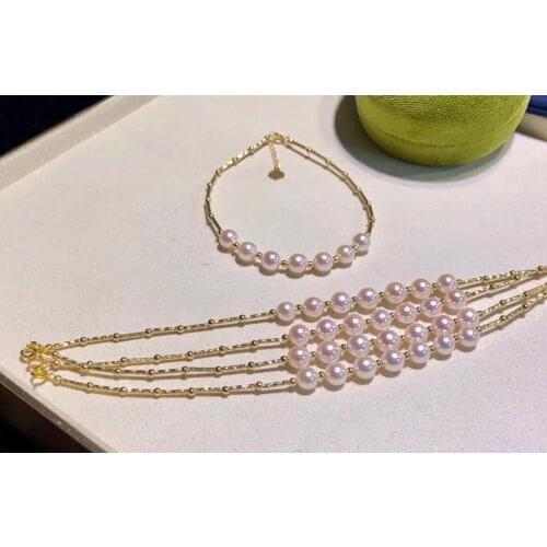 D528 Pearl Bracelet Fine Jewelry Solid 18K Gold Round 6-7mm Nature Sea Water Japan Akoya Sakura Pink Pearls Bracelets for Women