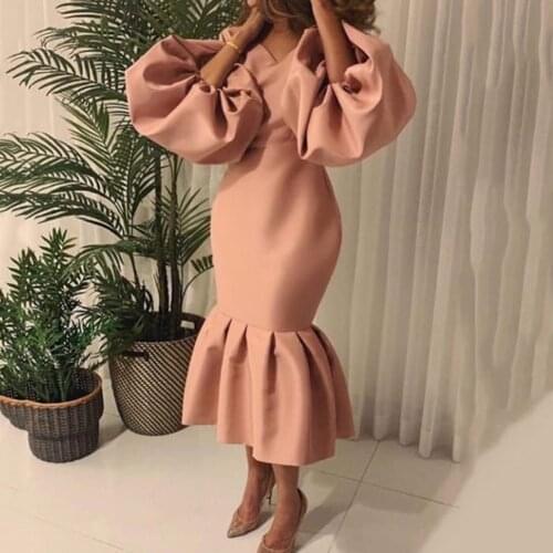Elegant Dress Women For Wedding Party Long Lantern Sleeve Bodycon Mermaid Full Sleeve Autumn Fall Vestidos Mujer Dress Midi Big