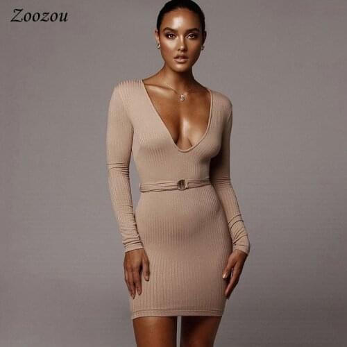Sexy Deep V Neck Bodycon Women Dress Autumn Casual Long Sleeve Mini Dress Female Elastic Slim High Waist Sashes Short Dress