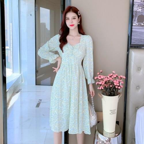 Women Dress Autumn 2021 New Brief Office Lady Korea Style Fashion Long Sleeve Floral Print Chiffon V-Neck Dresses Traf
