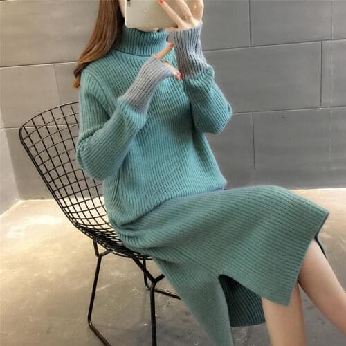 Long Casual Turtleneck Sweater Dress Women 2019 Autumn and Winter New Korean Loose Solid Spliced Long-sleeved Knit Dress f2301