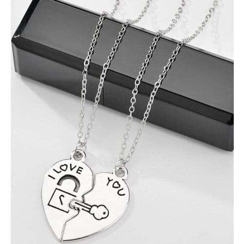 2 pcs/set Charm Key Lock Carved Heart Pendant Necklaces for Women Girls BFF I Love You Silver Color Necklaces Jewelry Gift