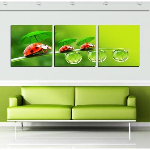 3 Pieces Wall Art Decorative Pictures Prints Green Leaves And Water Beetles Oil Canvas Painting for Children Bedroom Decorations