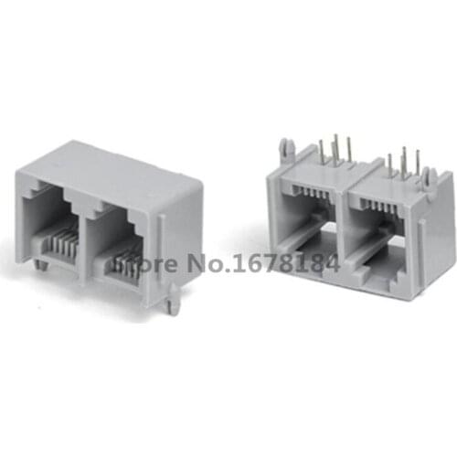 50pcs 1*2 Siamese-6P4C-band edge-90 degree gray network interface RJ11 network interface connector