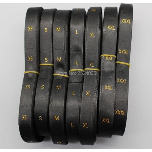 Free shipping 500 pcs a lot STOCK Black satin label with Golden text garment clothing embroidered size labels/tags/number tags