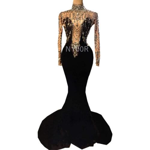Sparkly Rhinestones Velvet Dress Long Sleeve Womens Evening Prom Birthday Party Dresses Floor-length Performance Stage Wear