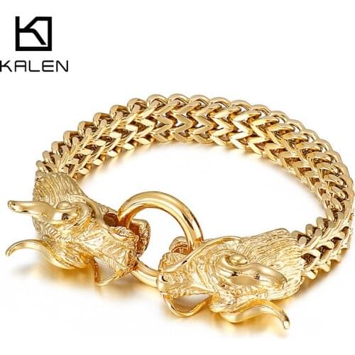 Kalen 12mm Double-Headed Dragon Bracelet Trendy Golden Domineering Stainless Steel Mens Chain