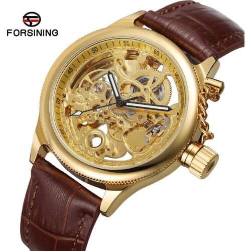 Forsining Mens Luxury Top Brand Automatic Self-wind Skeleton Anglogue Dial Watch With Genuine Leather Band Best Gift Gold Clock