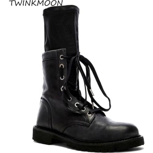 Black Leather Womens Winter Boots Lace Up Elastic Sock Ankle Boots Punk Motorcycle Platform Booties botas mujer invierno 2020