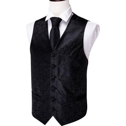 Silk Waistcoat for Men Slim Suit Vest Deep Blue Vest Paisley Necktie Set Handkerchief Cufflinks Vest for Business Barry.Wang