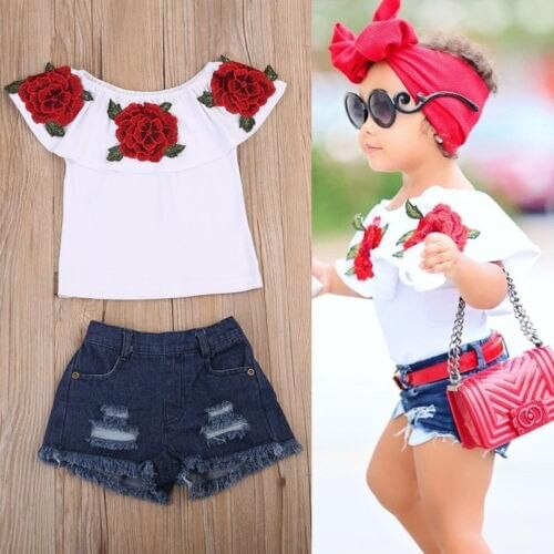 Toddler Kid Baby Girls 3D Flower Short Sleeve Tops Denim Shorts Set Outfits Clothes 1-6 Years
